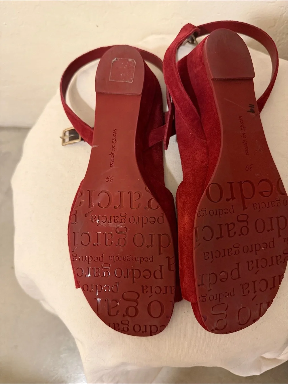 Pedro Garcia Red Suede Low Wedge Sandals with Ankle Strap